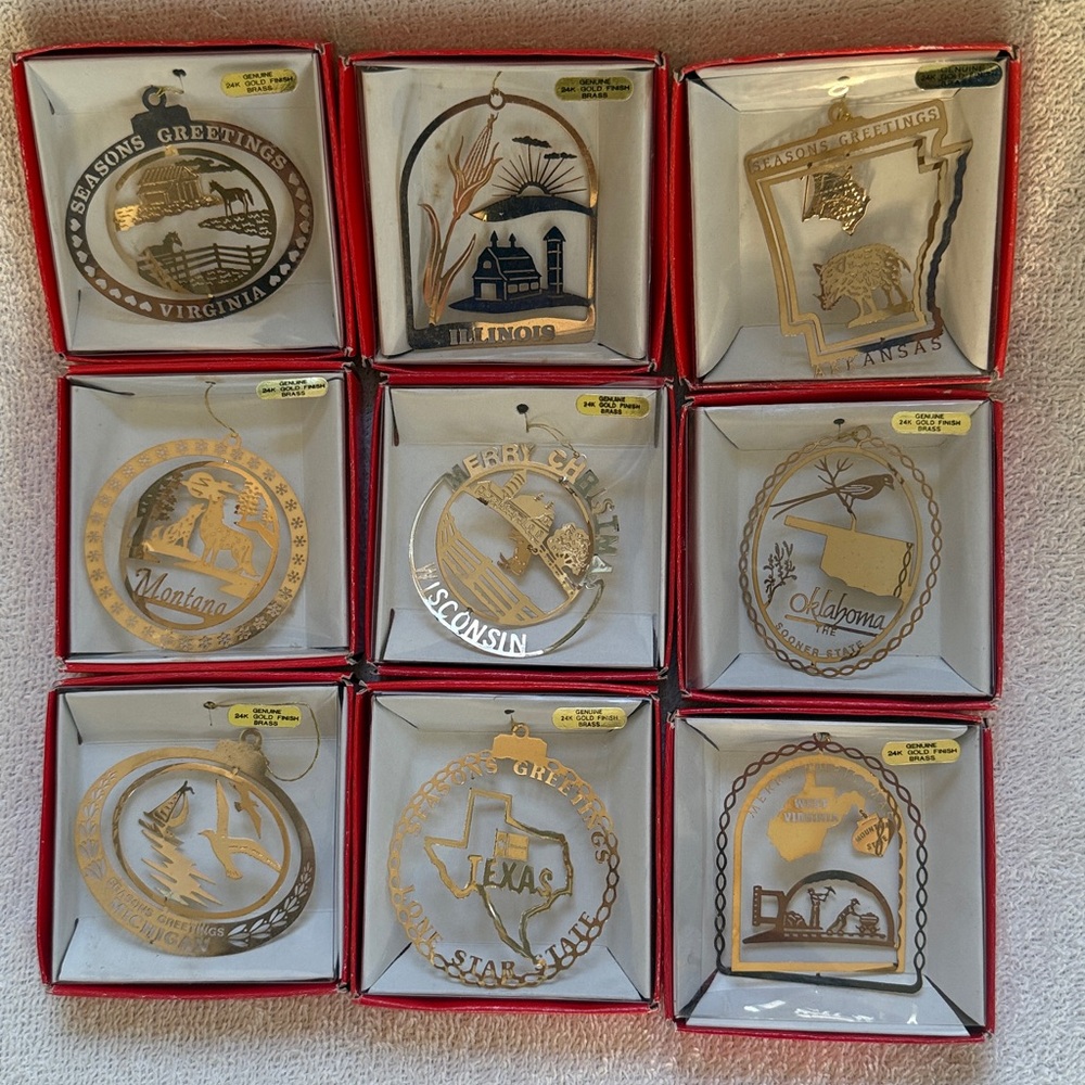 Lot of 9 State Nations Treasures Gold on Brass Christmas Ornaments TX MI VA OK